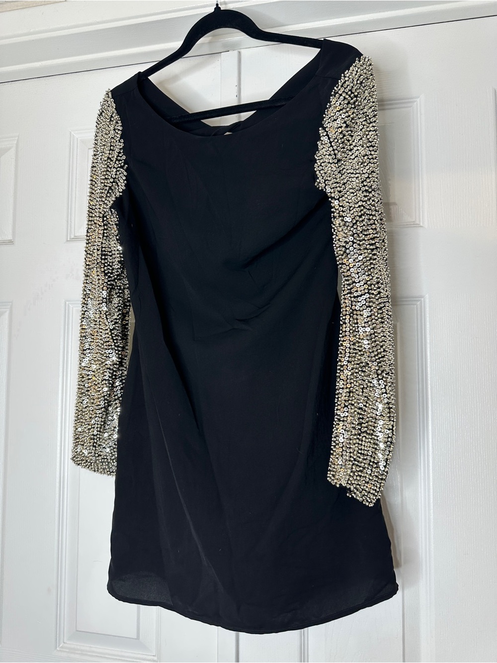 Parker Black Open Back Cocktail Party Dress Champagne Sequin Sleeves Size Small